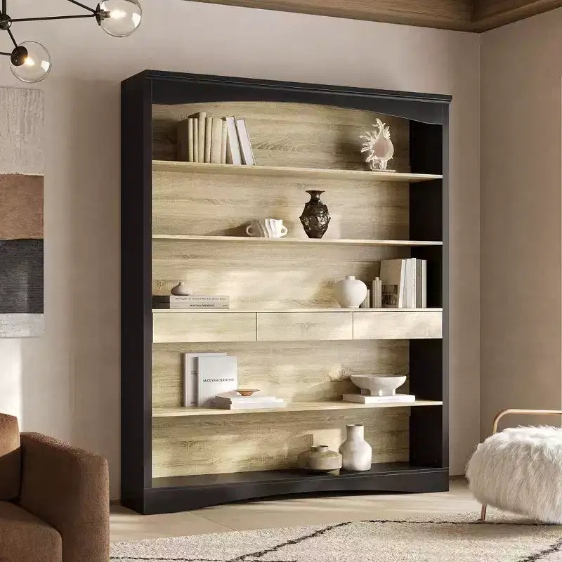 Solid Wood Bookcase with 3 Drawers and 5-Tier Open Shelves