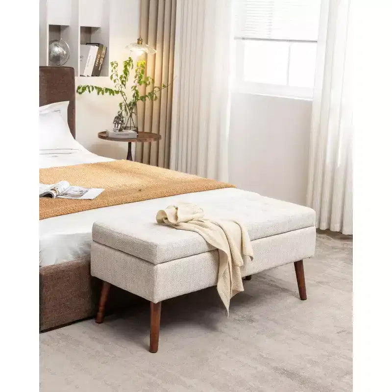 Banc ottoman de rangement en cuir synthétique avec pieds en bois massif