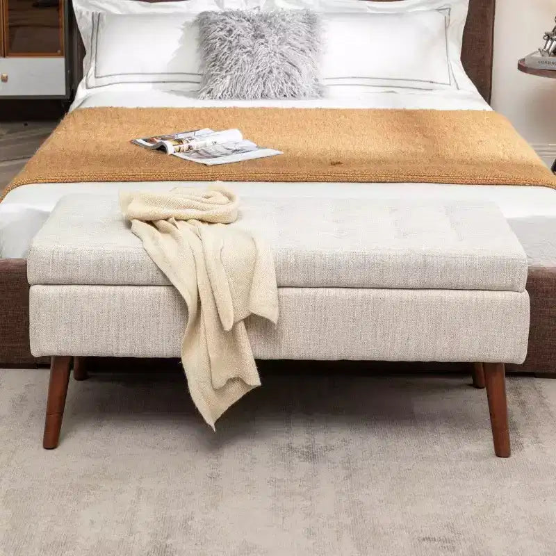 Banc ottoman de rangement en cuir synthétique avec pieds en bois massif