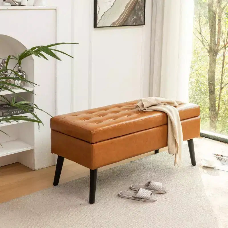 Banc ottoman de rangement en cuir synthétique avec pieds en bois massif