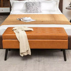 Banc ottoman de rangement en cuir synthétique avec pieds en bois massif