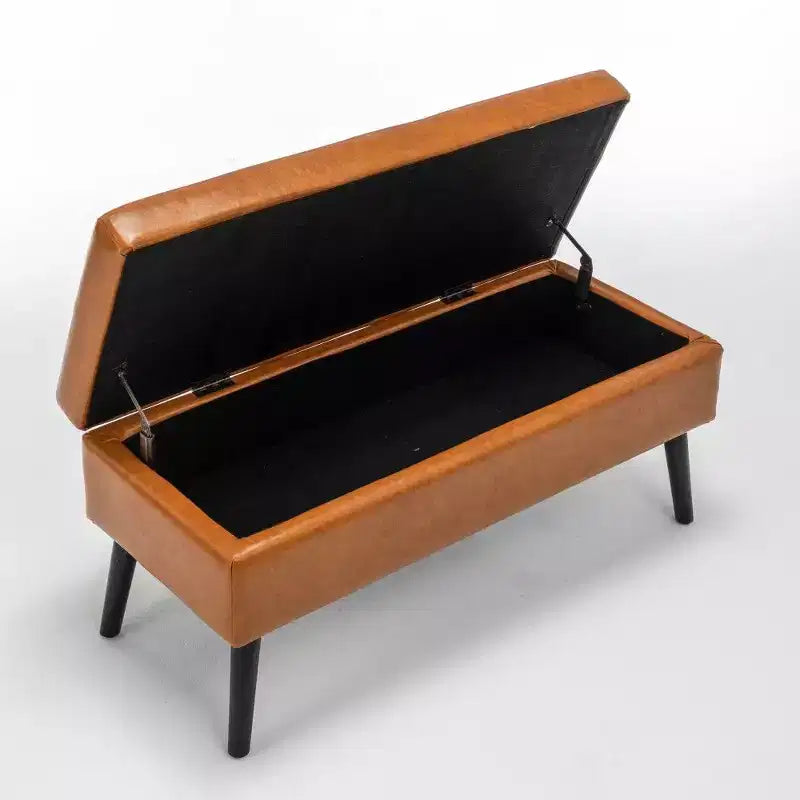 Banc ottoman de rangement en cuir synthétique avec pieds en bois massif
