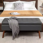 Banc ottoman de rangement en cuir synthétique avec pieds en bois massif