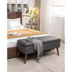 Banc ottoman de rangement en cuir synthétique avec pieds en bois massif