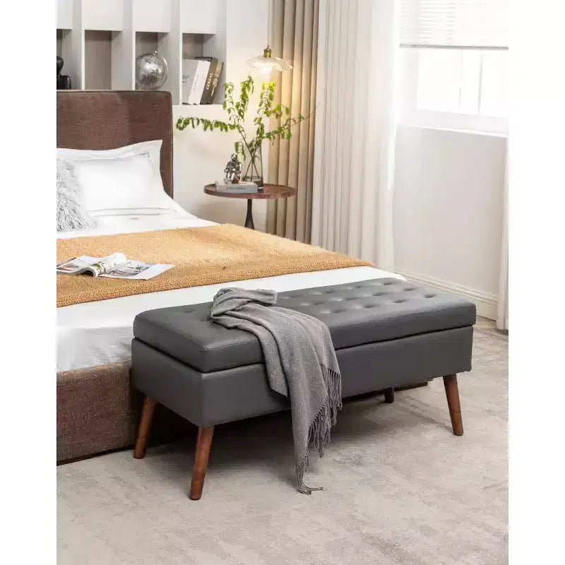 Banc ottoman de rangement en cuir synthétique avec pieds en bois massif