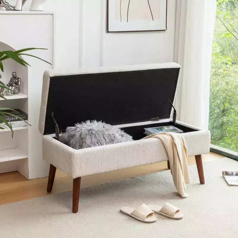Banc ottoman de rangement en cuir synthétique avec pieds en bois massif