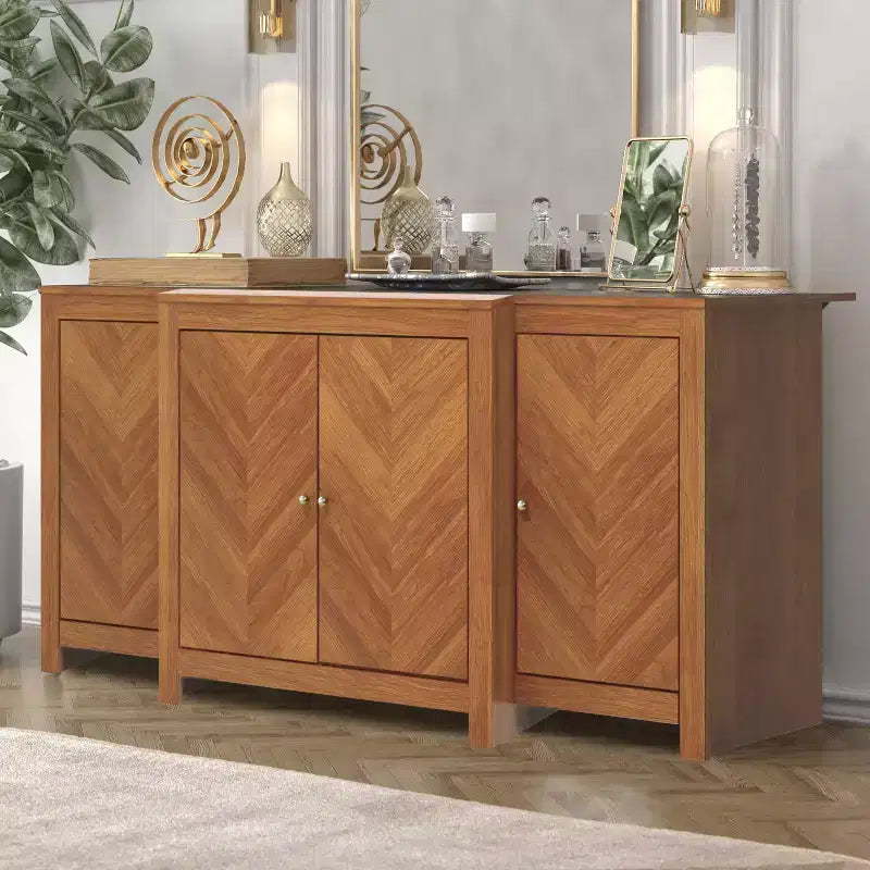 Buffet 4 portes en bois de noyer à motif chevrons 157,2 cm (L) x 49,8 cm (P) x 76,2 cm (H)