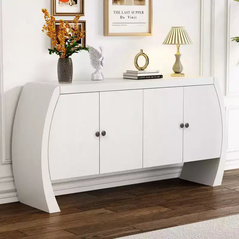 Armoire de rangement à 4 portes en placage de frêne avec pieds incurvés et étagères réglables