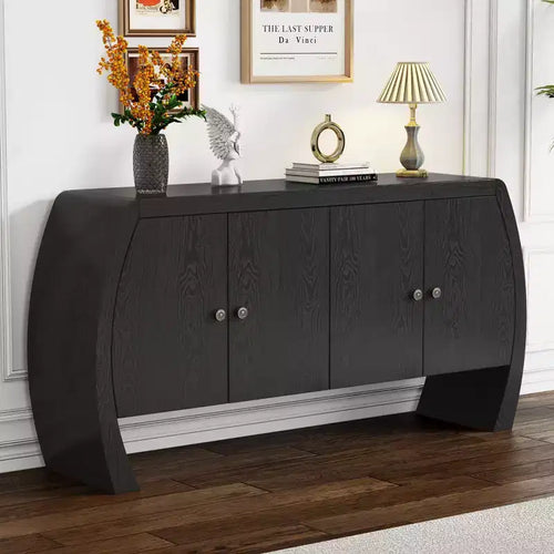 Ash Veneer 4-Door Storage Cabinet with Curved Legs and Adjustable Shelves