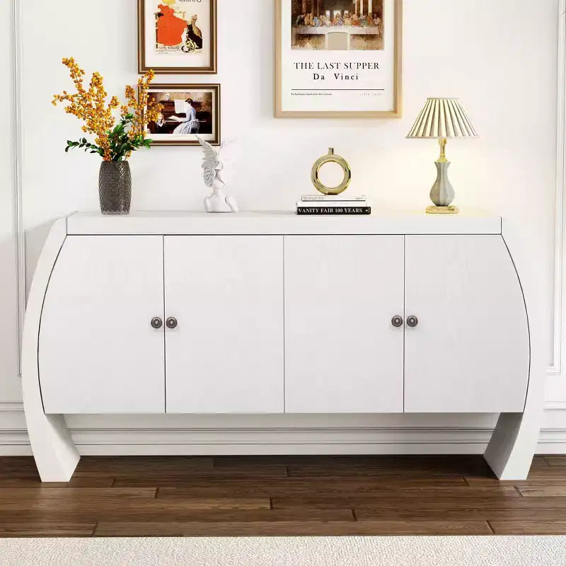 Armoire de rangement à 4 portes en placage de frêne avec pieds incurvés et étagères réglables