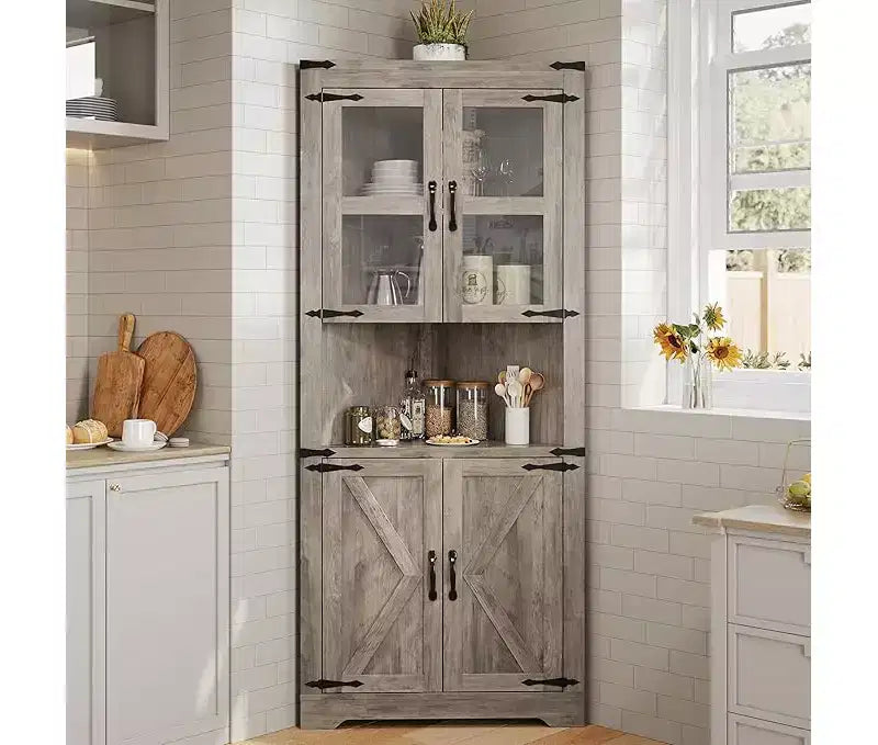 Armoire de rangement d'angle haute en bois avec porte coulissante et étagères réglables