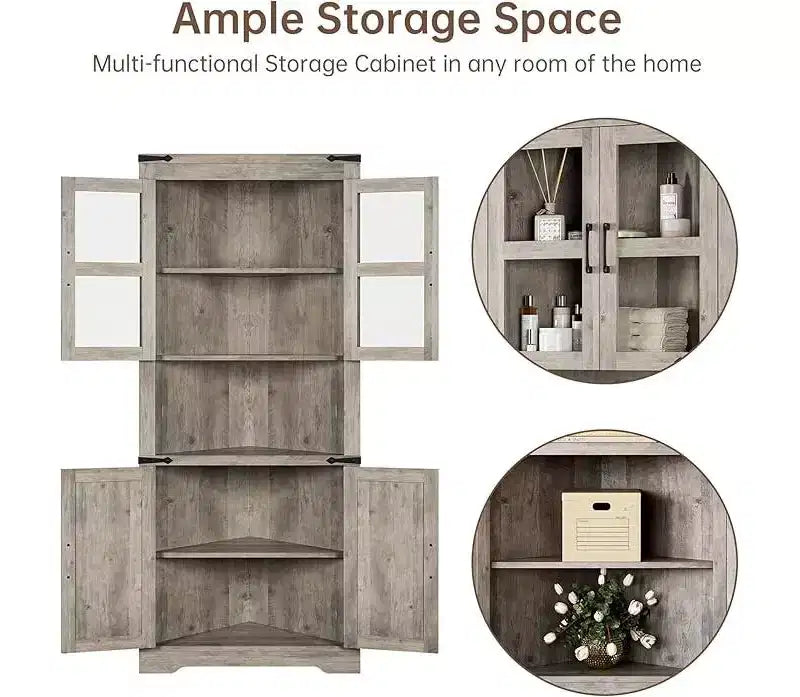 Armoire de rangement d'angle haute en bois avec porte coulissante et étagères réglables