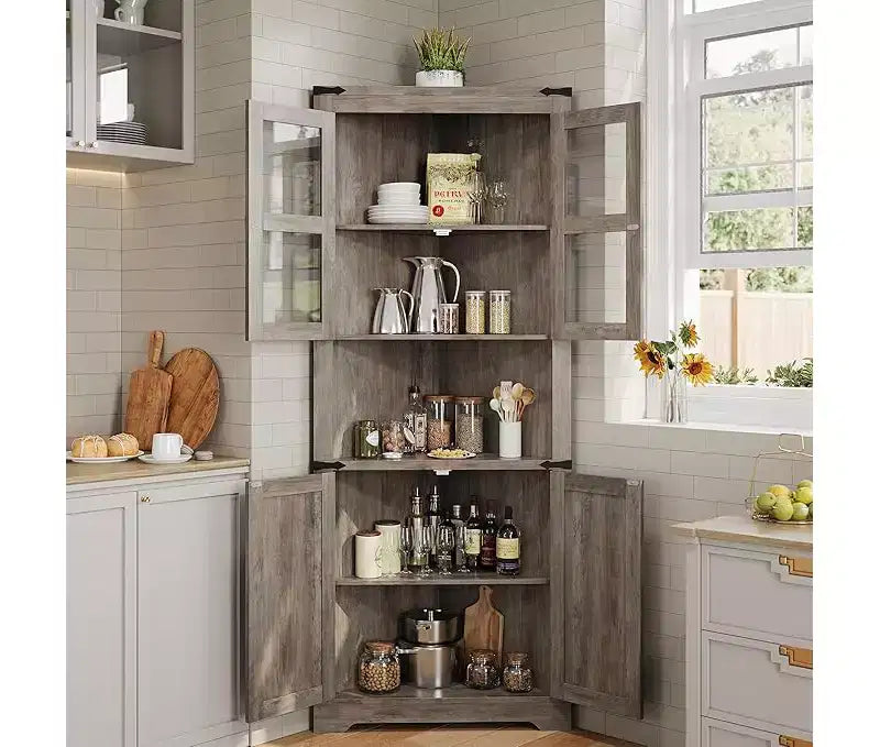 Armoire de rangement d'angle haute en bois avec porte coulissante et étagères réglables