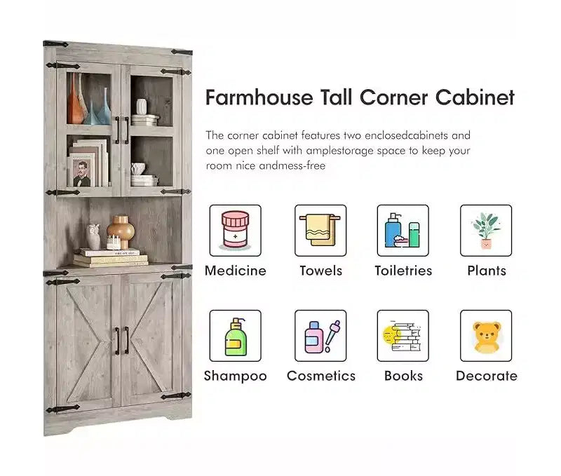 Armoire de rangement d'angle haute en bois avec porte coulissante et étagères réglables