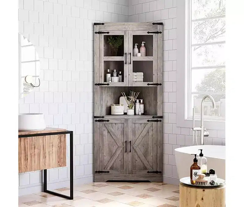 Armoire de rangement d'angle haute en bois avec porte coulissante et étagères réglables