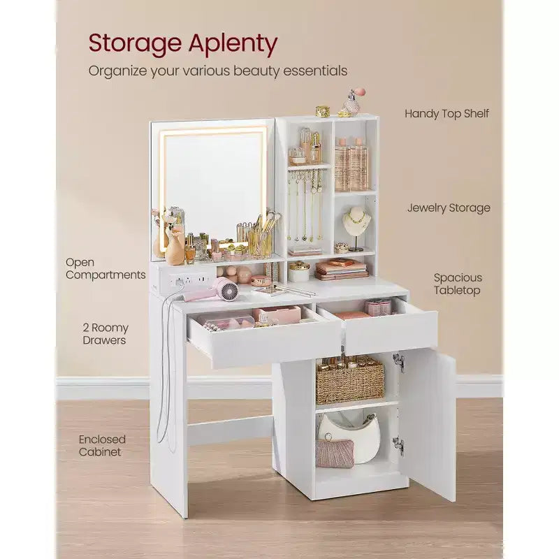 Coiffeuse en bois 90 cm avec miroir LED, station de charge et tabouret