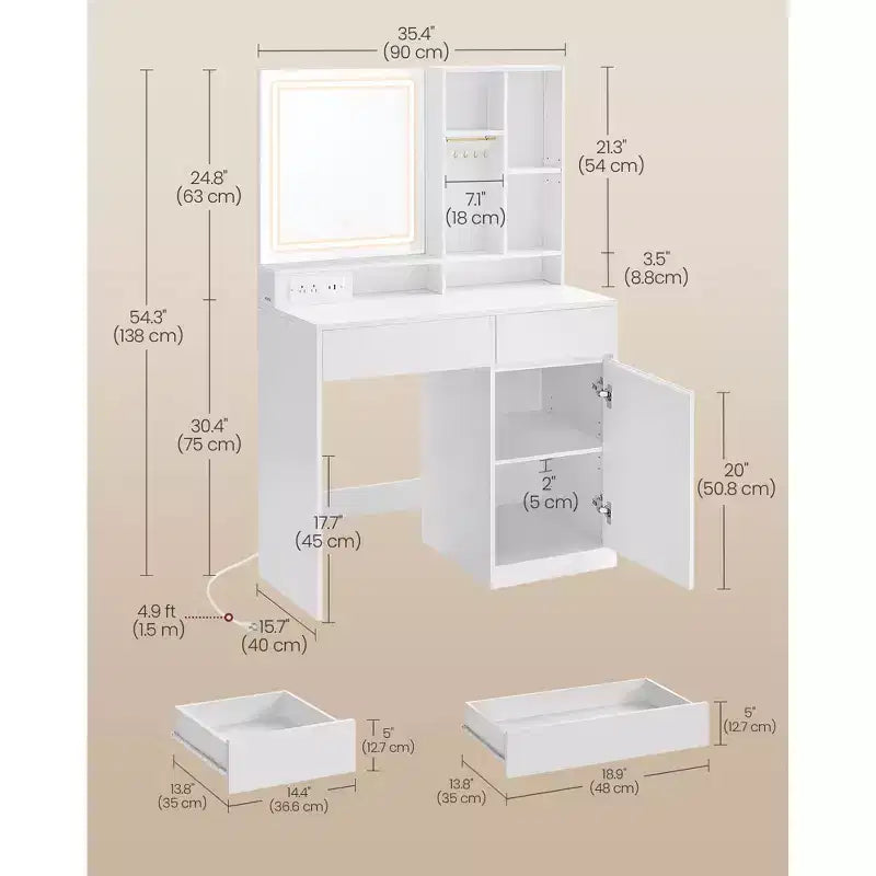 Coiffeuse en bois 90 cm avec miroir LED, station de charge et tabouret