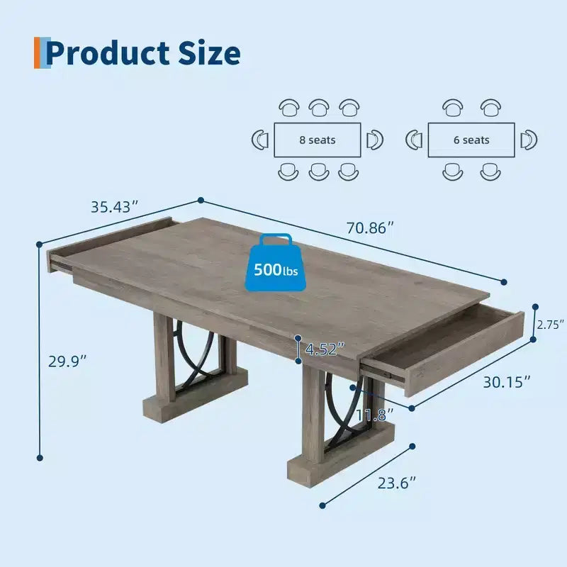 Table à Manger Rectangulaire en Bois 71" avec 2 Tiroirs de Rangement