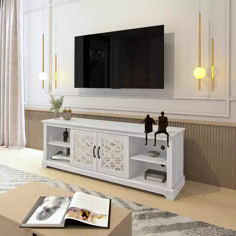 Meuble TV en bois avec portes vitrées et rangement 68,2"L x 17,1"P x 23,7"H