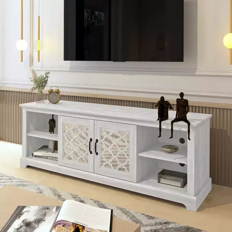 Meuble TV en bois avec portes vitrées et rangement 68,2"L x 17,1"P x 23,7"H