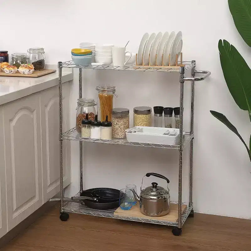 Chariot de service de cuisine en acier à roulettes avec étagères réglables