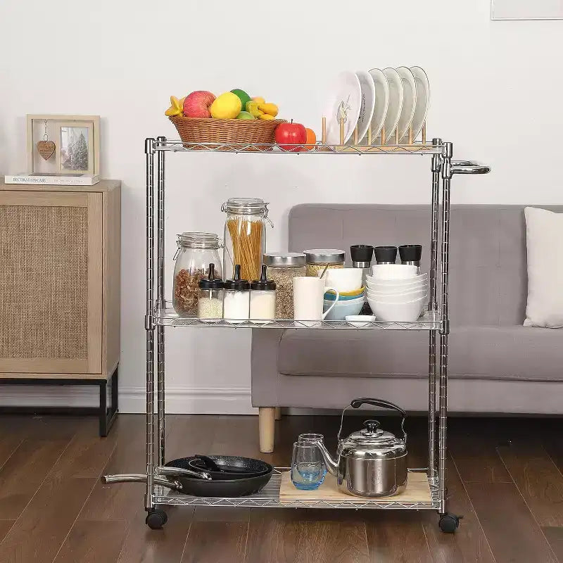 Chariot de service de cuisine en acier à roulettes avec étagères réglables