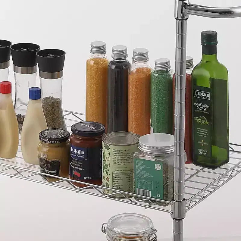 Chariot de service de cuisine en acier à roulettes avec étagères réglables