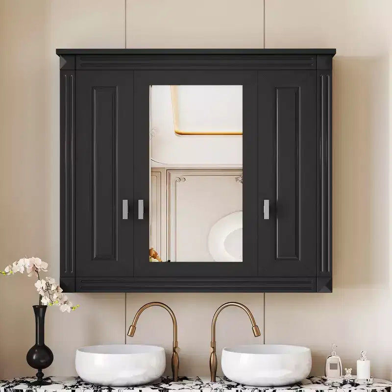 Meuble de salle de bain mural en bois de 89 cm avec miroir et étagères ouvertes