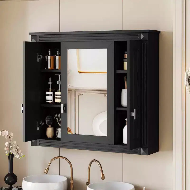 Meuble de salle de bain mural en bois de 89 cm avec miroir et étagères ouvertes