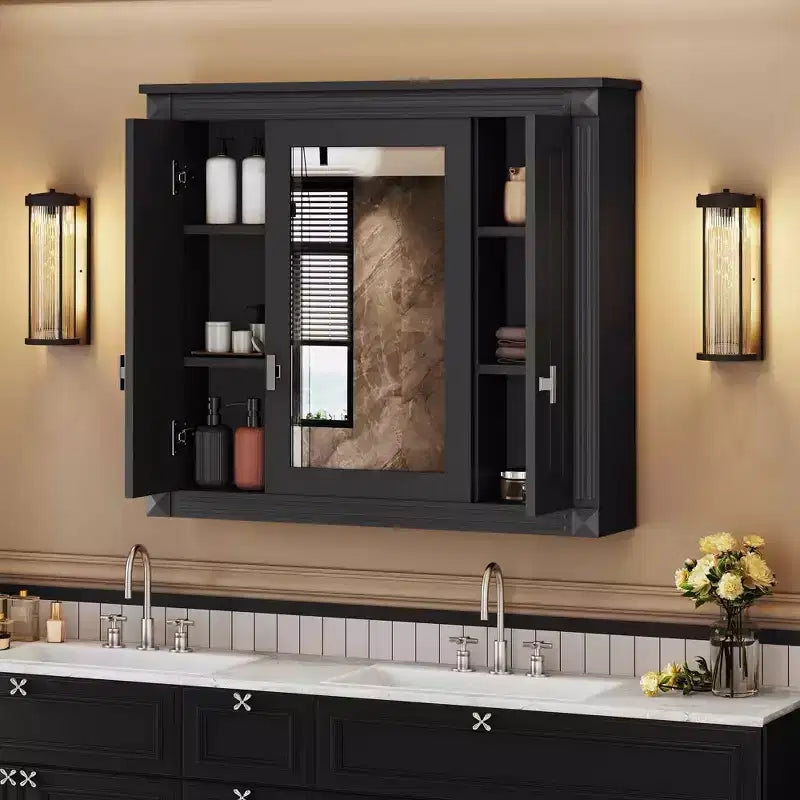 Meuble de salle de bain mural en bois de 89 cm avec miroir et étagères ouvertes