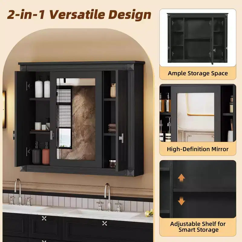 Meuble de salle de bain mural en bois de 89 cm avec miroir et étagères ouvertes