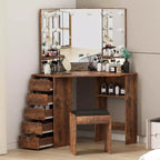 Coiffeuse d'angle en bois avec miroir LED à 3 volets, 5 tiroirs et tabouret
