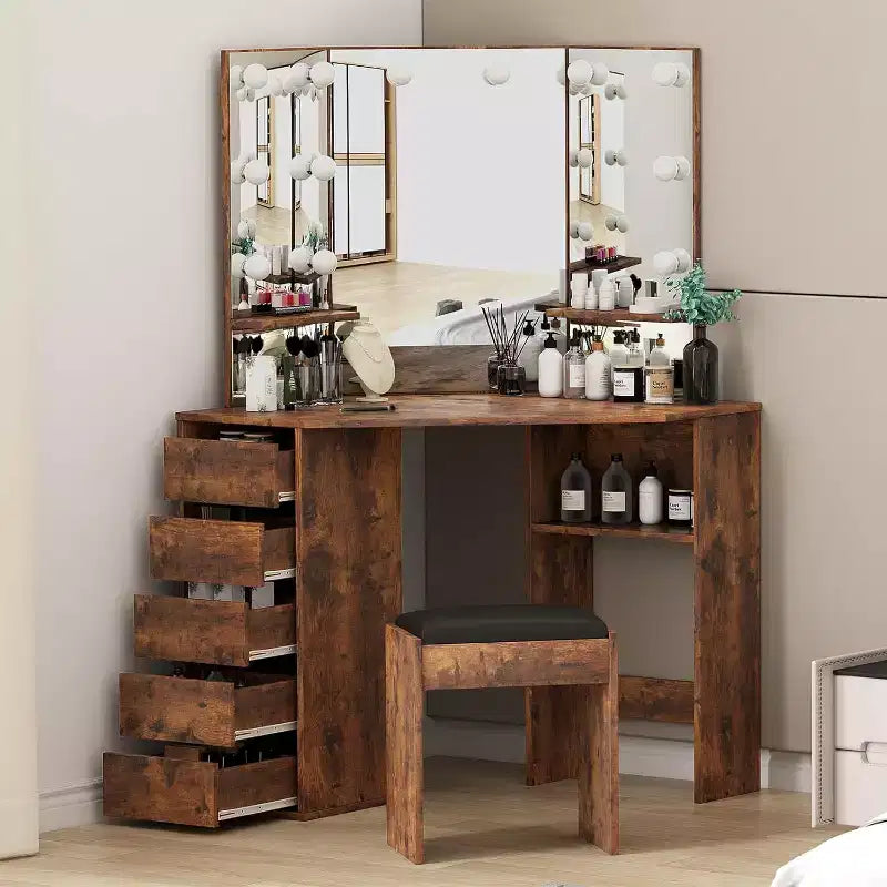 Coiffeuse d'angle en bois avec miroir LED à 3 volets, 5 tiroirs et tabouret