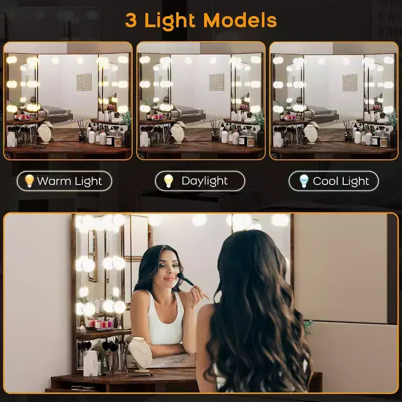 Coiffeuse d'angle en bois avec miroir LED à 3 volets, 5 tiroirs et tabouret