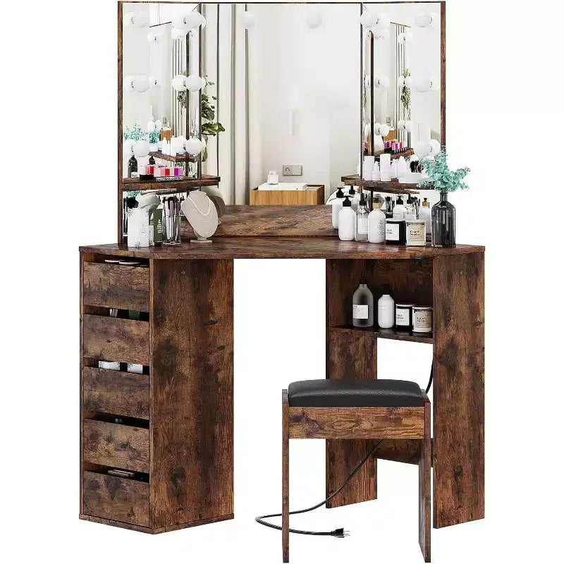 Coiffeuse d'angle en bois avec miroir LED à 3 volets, 5 tiroirs et tabouret