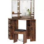 Coiffeuse d'angle en bois avec miroir LED à 3 volets, 5 tiroirs et tabouret