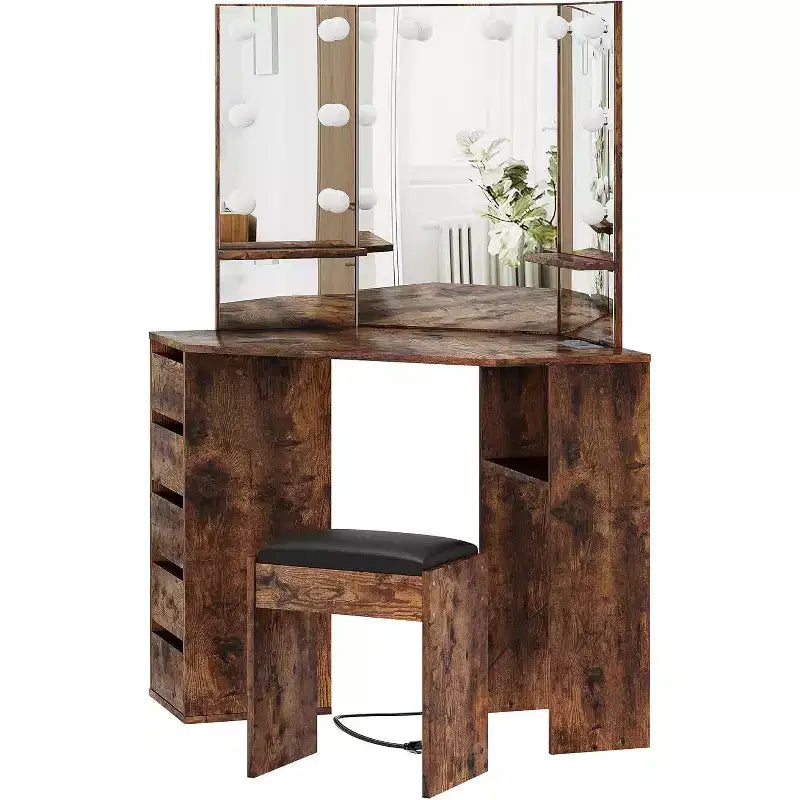 Coiffeuse d'angle en bois avec miroir LED à 3 volets, 5 tiroirs et tabouret