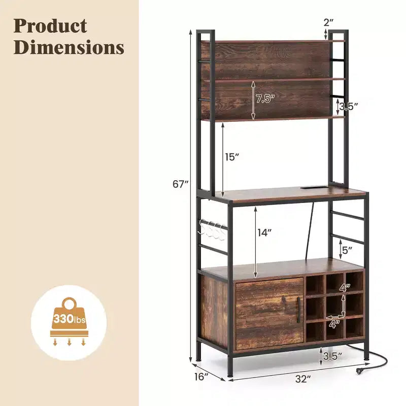 Étagère de Boulanger en Métal 170 cm avec Armoire, Prise de Courant et Crochets en S