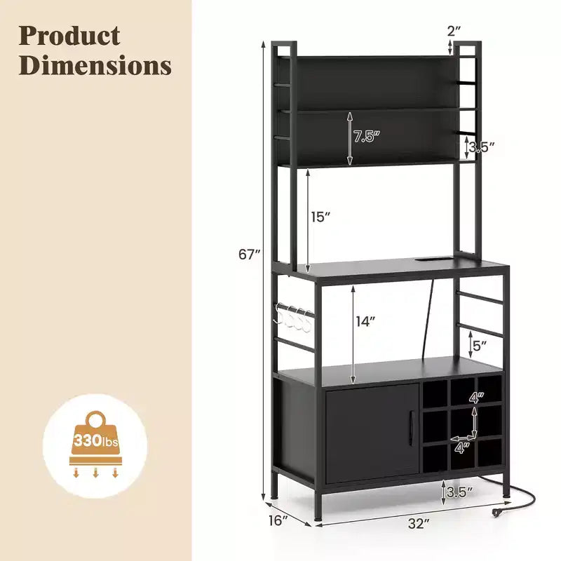 Étagère de Boulanger en Métal 170 cm avec Armoire, Prise de Courant et Crochets en S