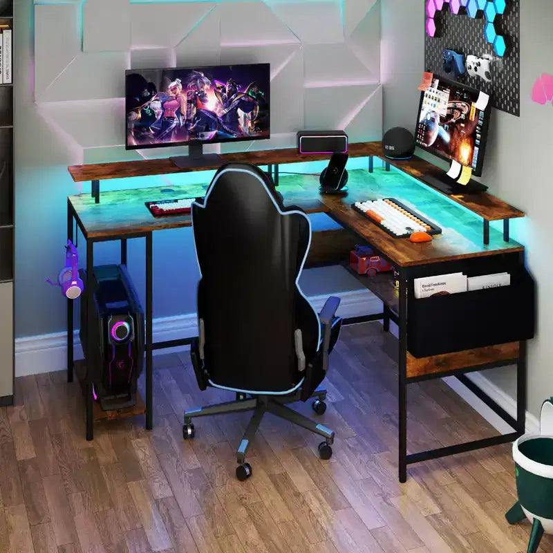 Bureau de jeu en forme de L avec lumières LED et prises de courant