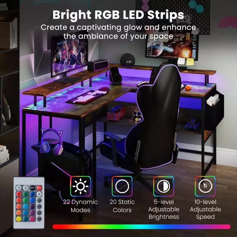Bureau de jeu en forme de L avec lumières LED et prises de courant