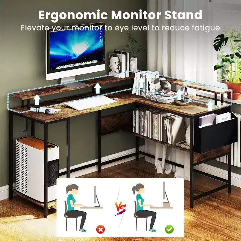 Bureau de jeu en forme de L avec lumières LED et prises de courant
