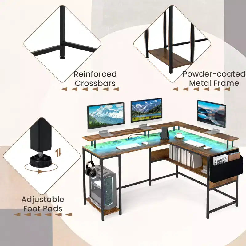 Bureau de jeu en forme de L avec lumières LED et prises de courant