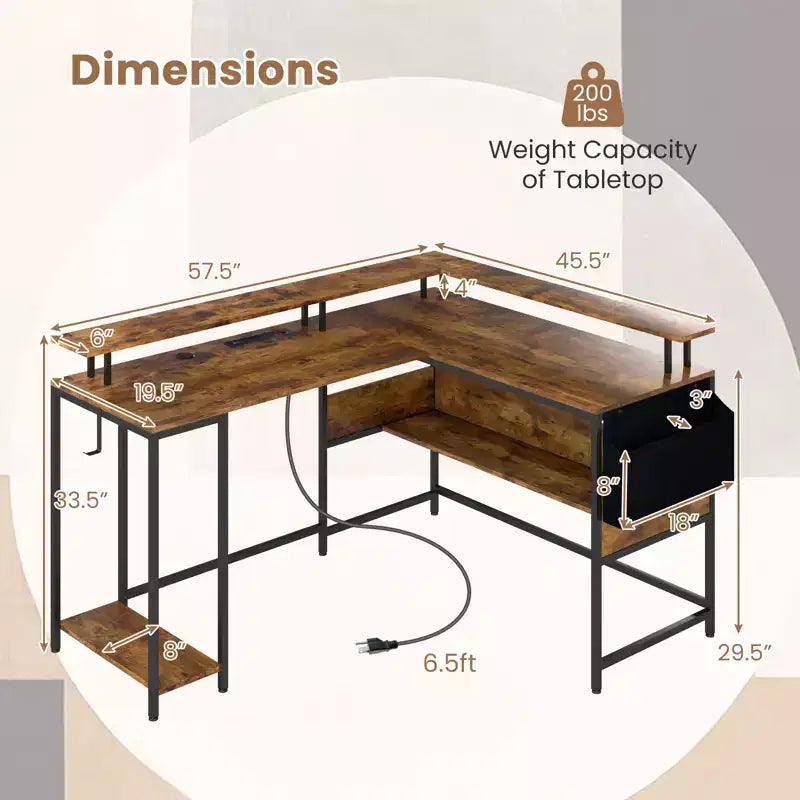 Bureau de jeu en forme de L avec lumières LED et prises de courant