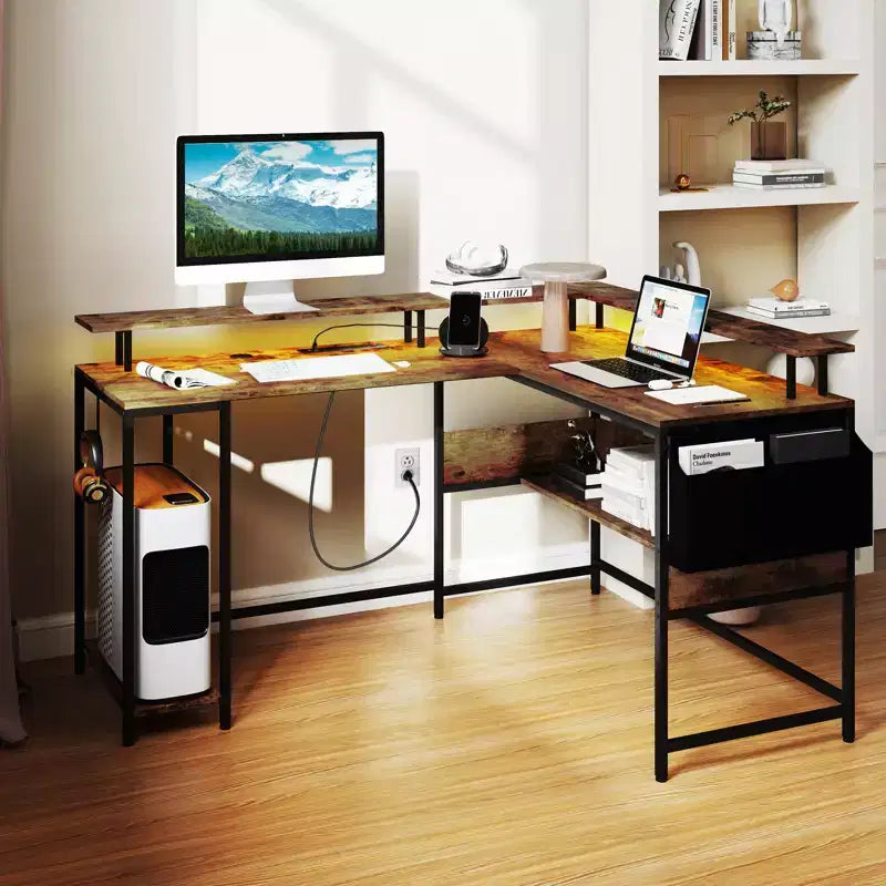 Bureau de jeu en forme de L avec lumières LED et prises de courant