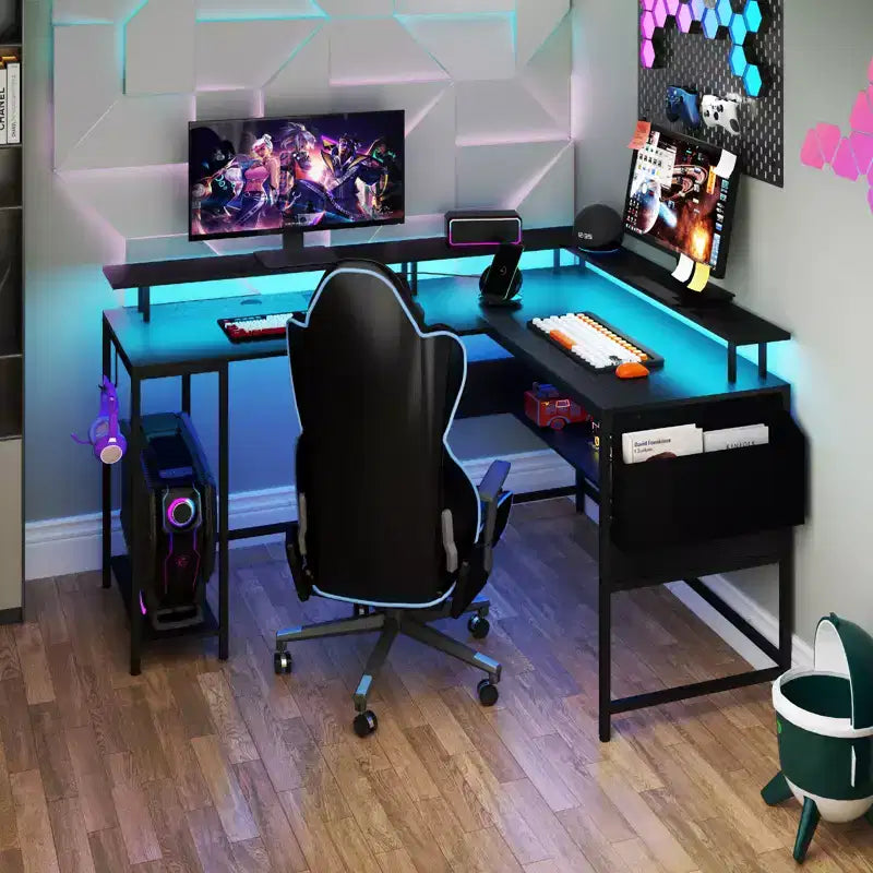 Bureau de jeu en forme de L avec lumières LED et prises de courant