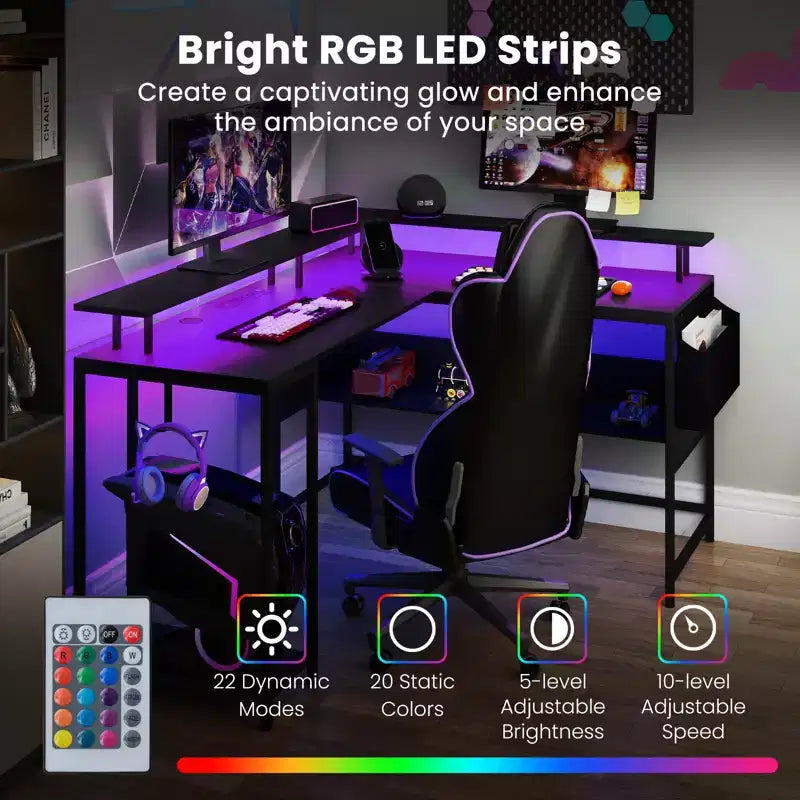 Bureau de jeu en forme de L avec lumières LED et prises de courant