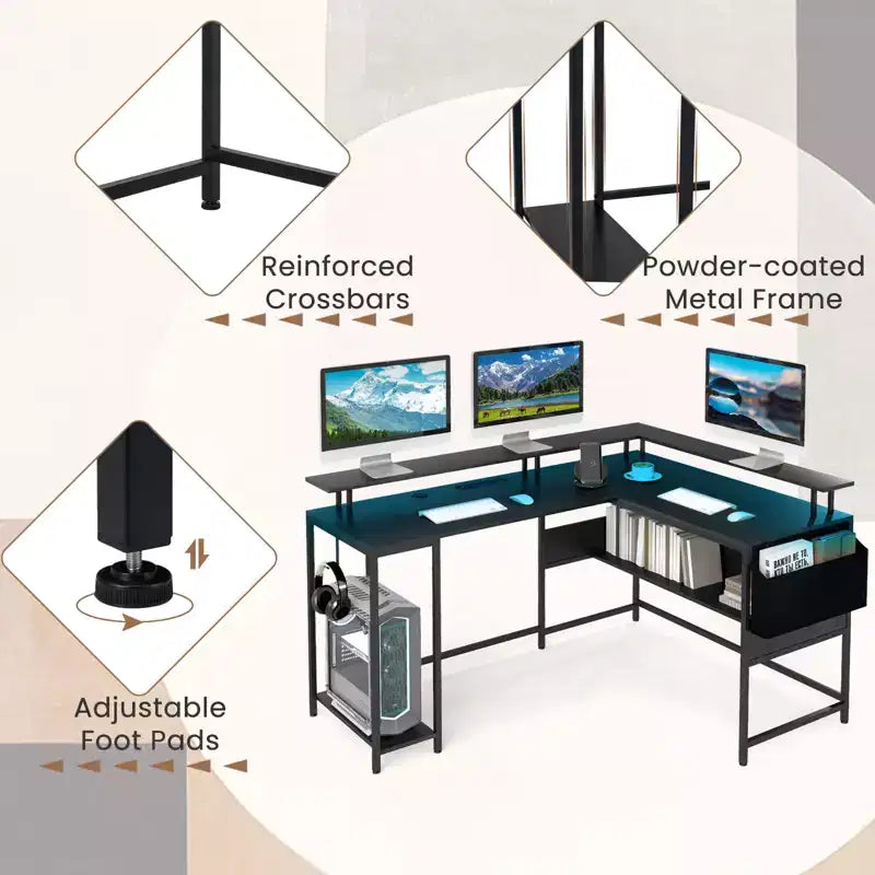 Bureau de jeu en forme de L avec lumières LED et prises de courant