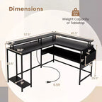 Bureau de jeu en forme de L avec lumières LED et prises de courant