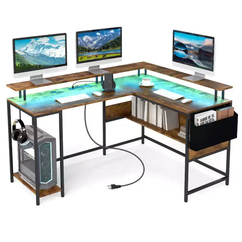 Bureau de jeu en forme de L avec lumières LED et prises de courant